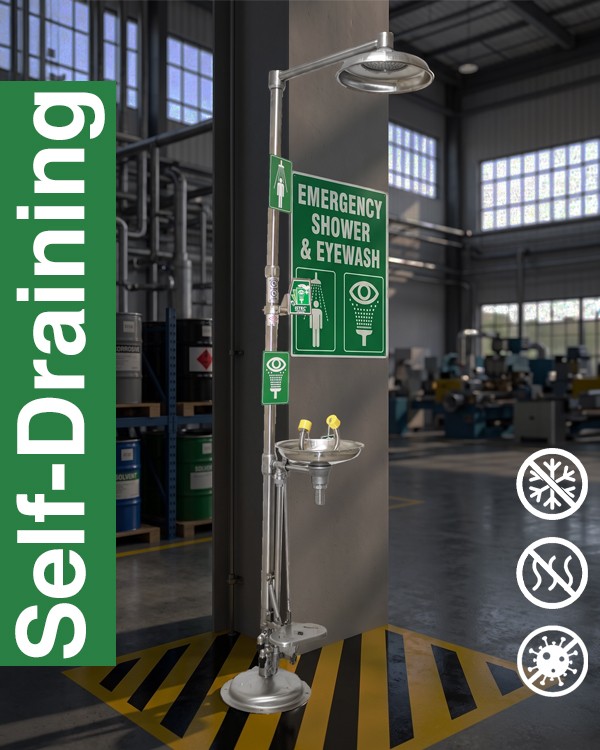 Self-Draining (Scald-Proof, Freeze-Proof, Legionella-Proof) Type Emergency Showers and Eye/Face Washes, ISTEC® Type ESW-SD